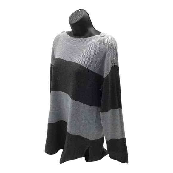 Vince Camuto Women’s Medium Gray Black Stripe Sweater Button Shoulder NWOT - Picture 10 of 15